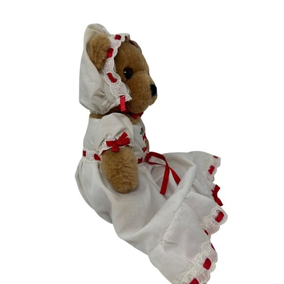 Vintage 1st Christmas Teddy Bear By Dakin 1983 White Red Dress Bonnet Babys - Picture 7 of 12